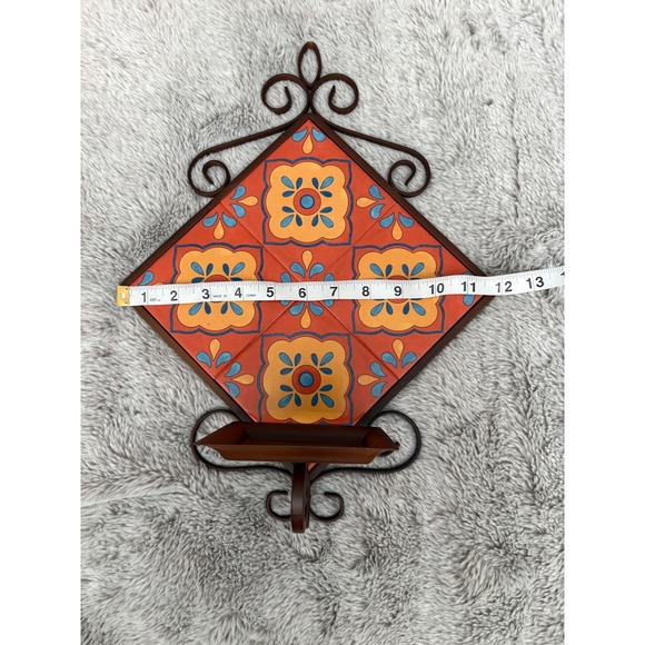 PartyLite Talavera Style Tile Wall Candle Sconce Metal Scrollwork Orange Blue - Picture 5 of 6